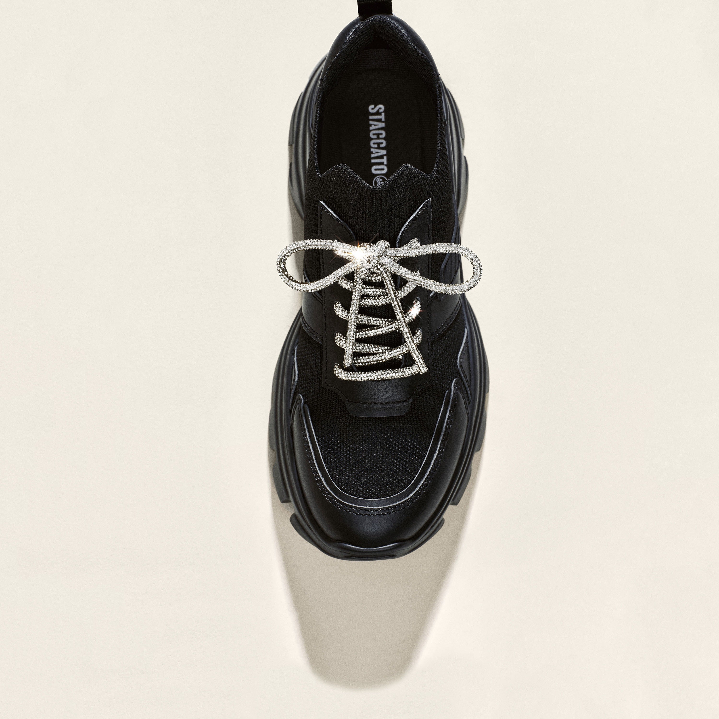 Black Crystal Lace Up Slip On Chunky Sneakers