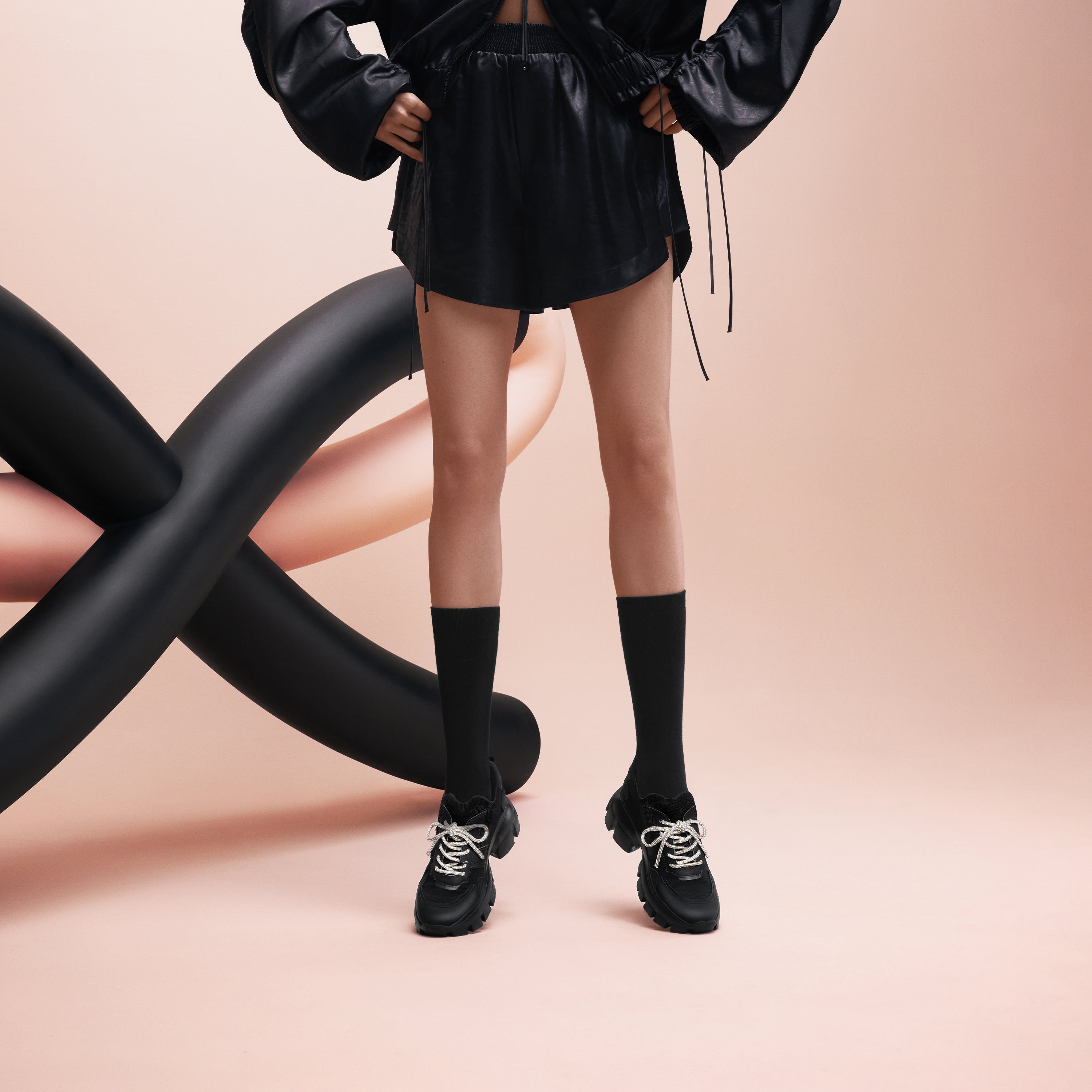 Black Crystal Lace Up Slip On Chunky Sneakers