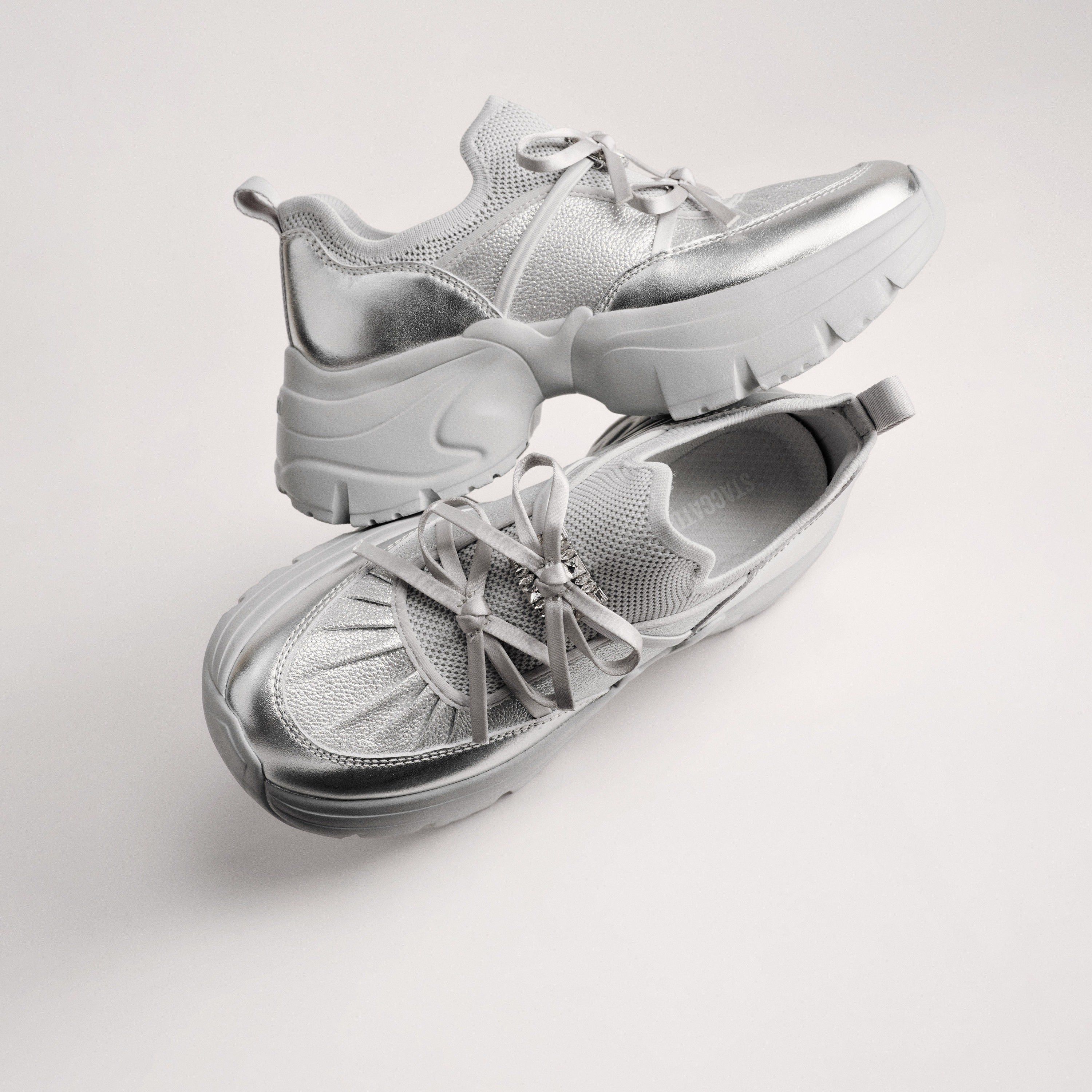 Silver Metallic Double Bow Chunky Platform Sneakers
