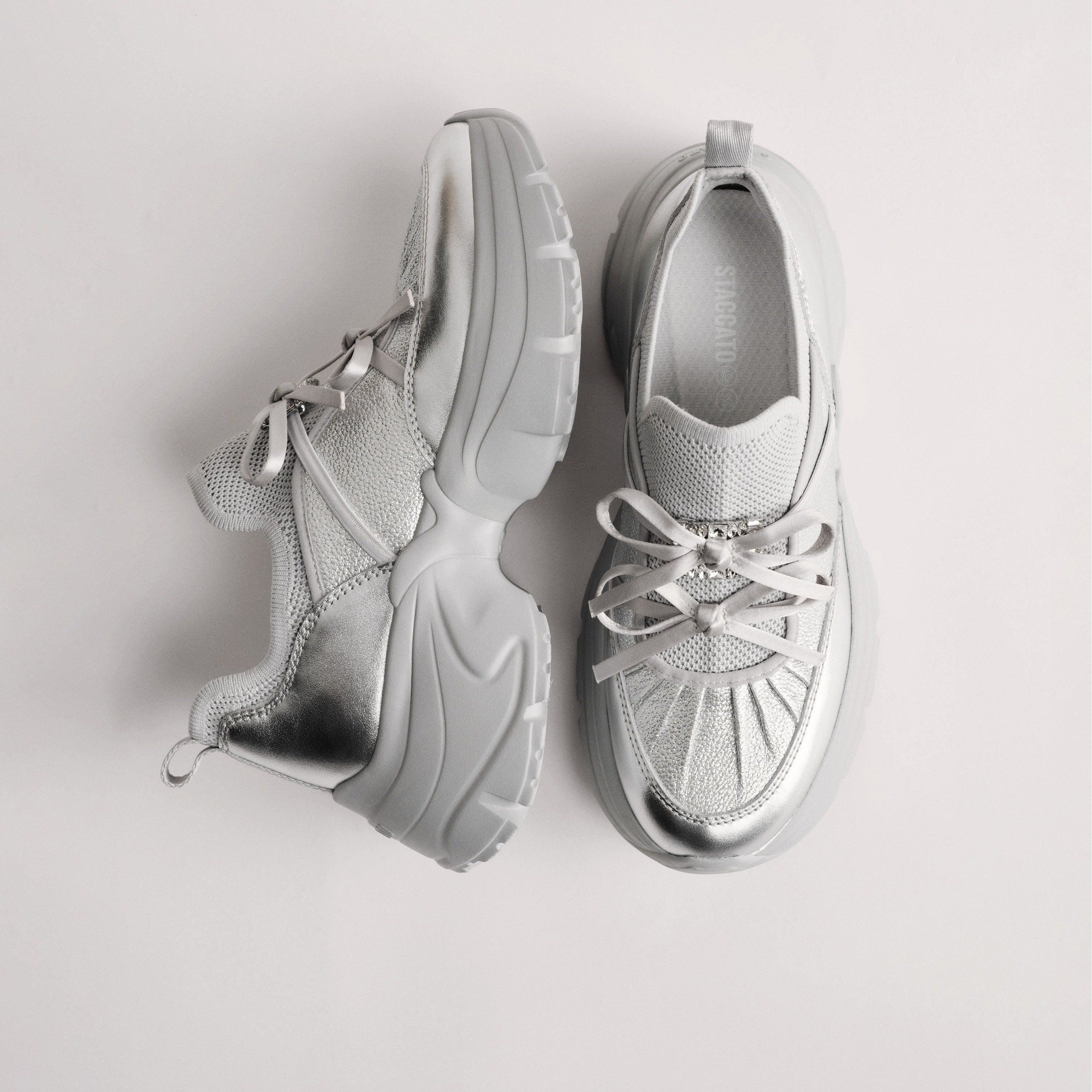 Silver Metallic Double Bow Chunky Platform Sneakers