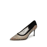 Load image into Gallery viewer, Black Meashed Crystal Star Embellished Heeled Pumps
