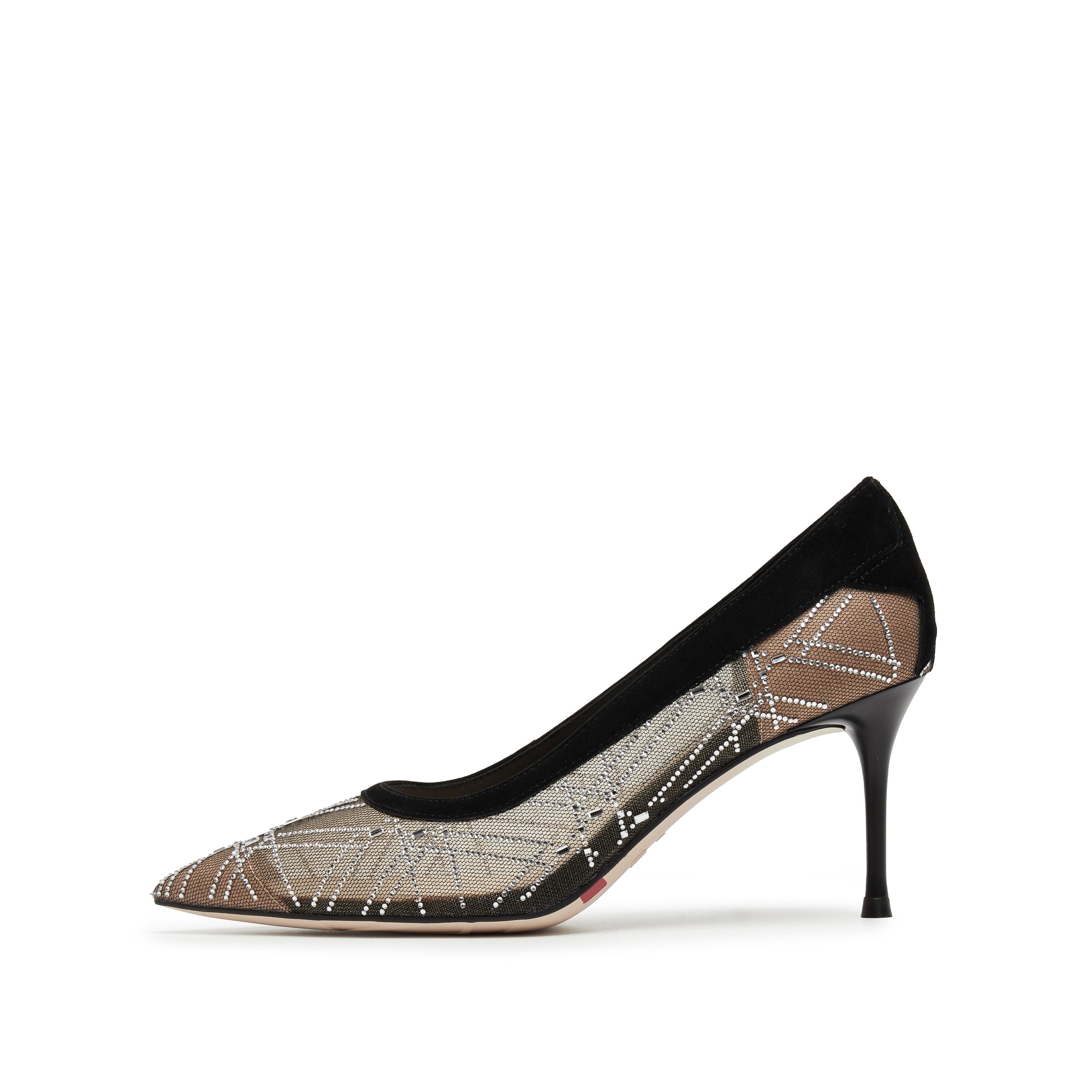 Black Meashed Crystal Star Embellished Heeled Pumps