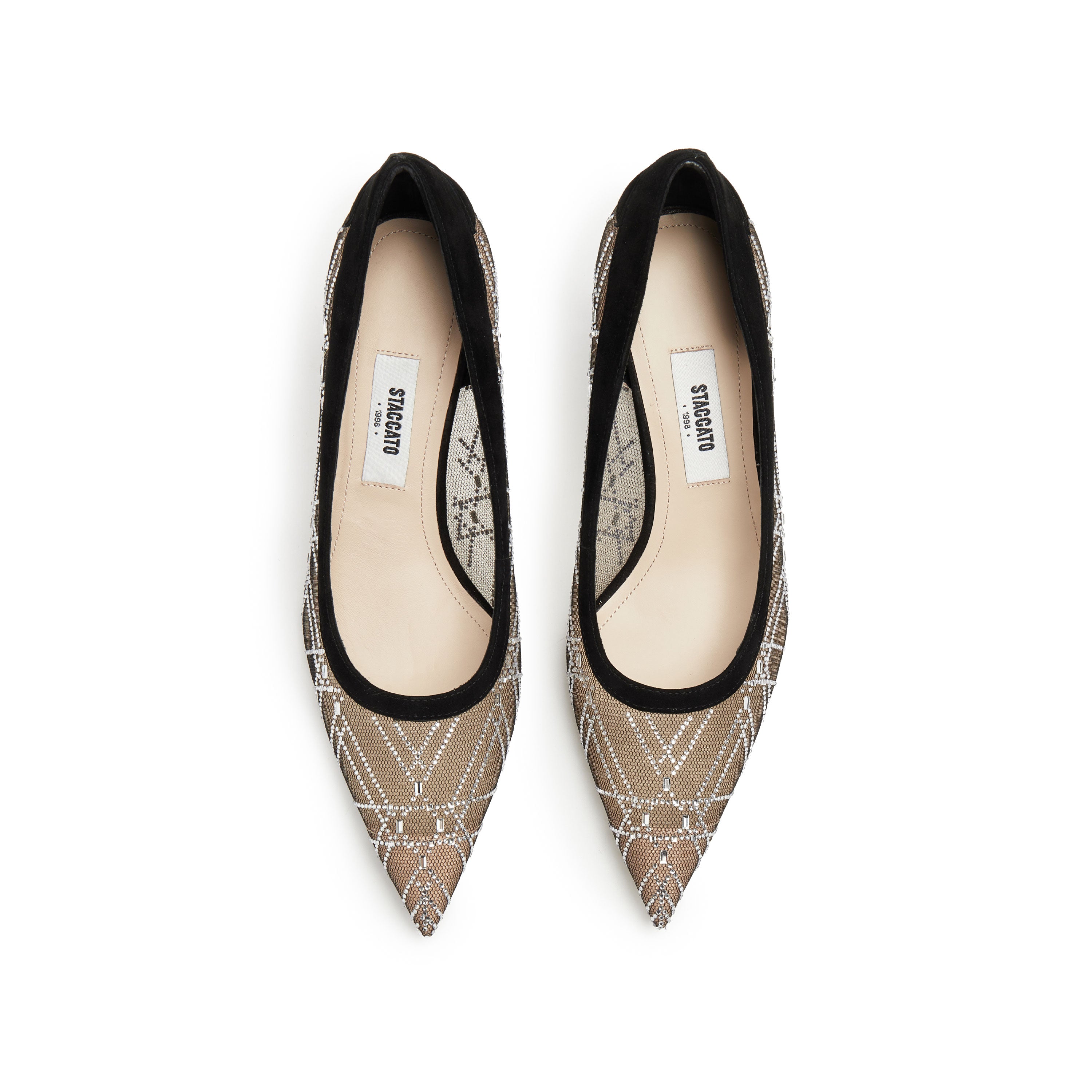 Black Meashed Crystal Star Embellished Heeled Pumps