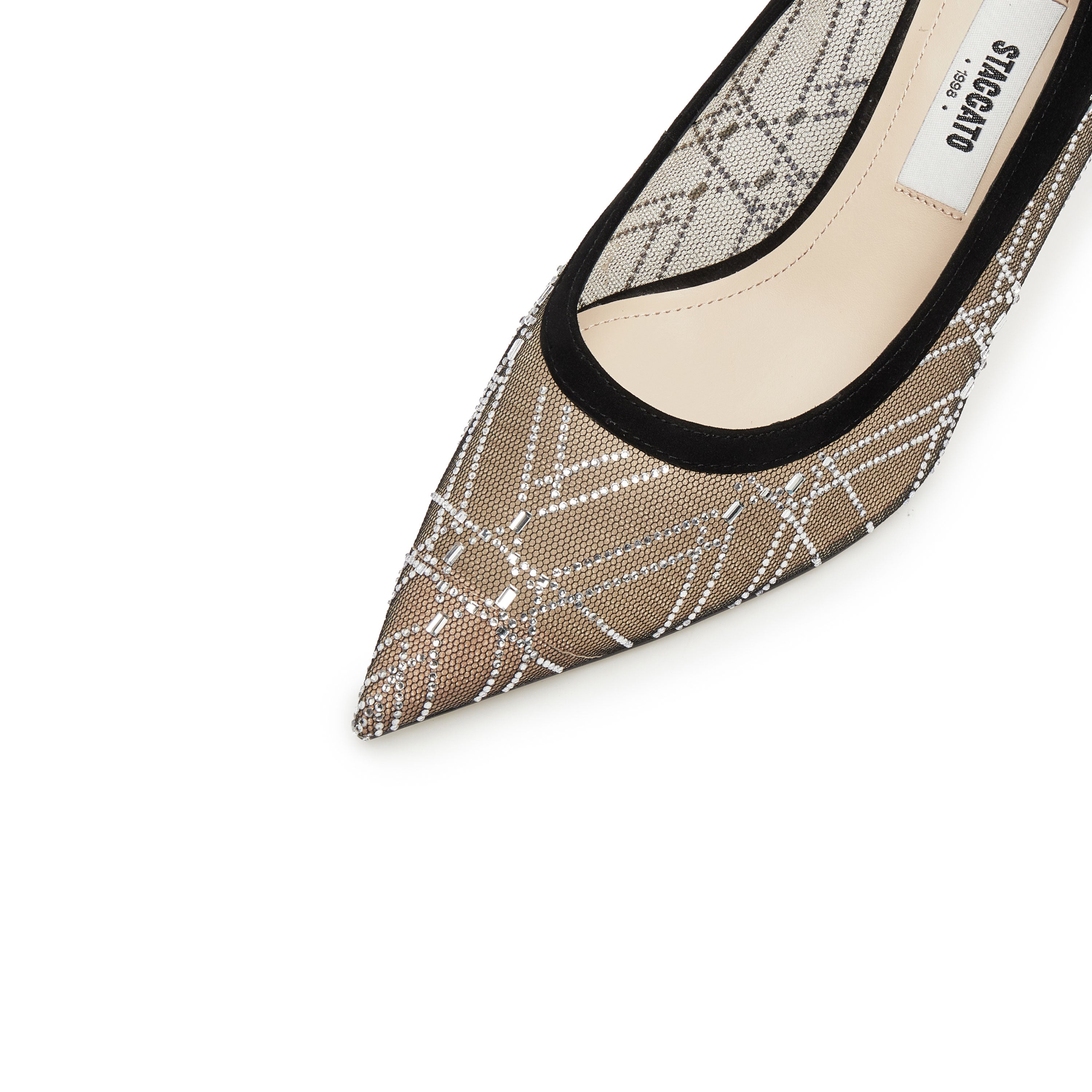 Black Meashed Crystal Star Embellished Heeled Pumps
