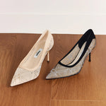 Load image into Gallery viewer, Black Meashed Crystal Star Embellished Heeled Pumps
