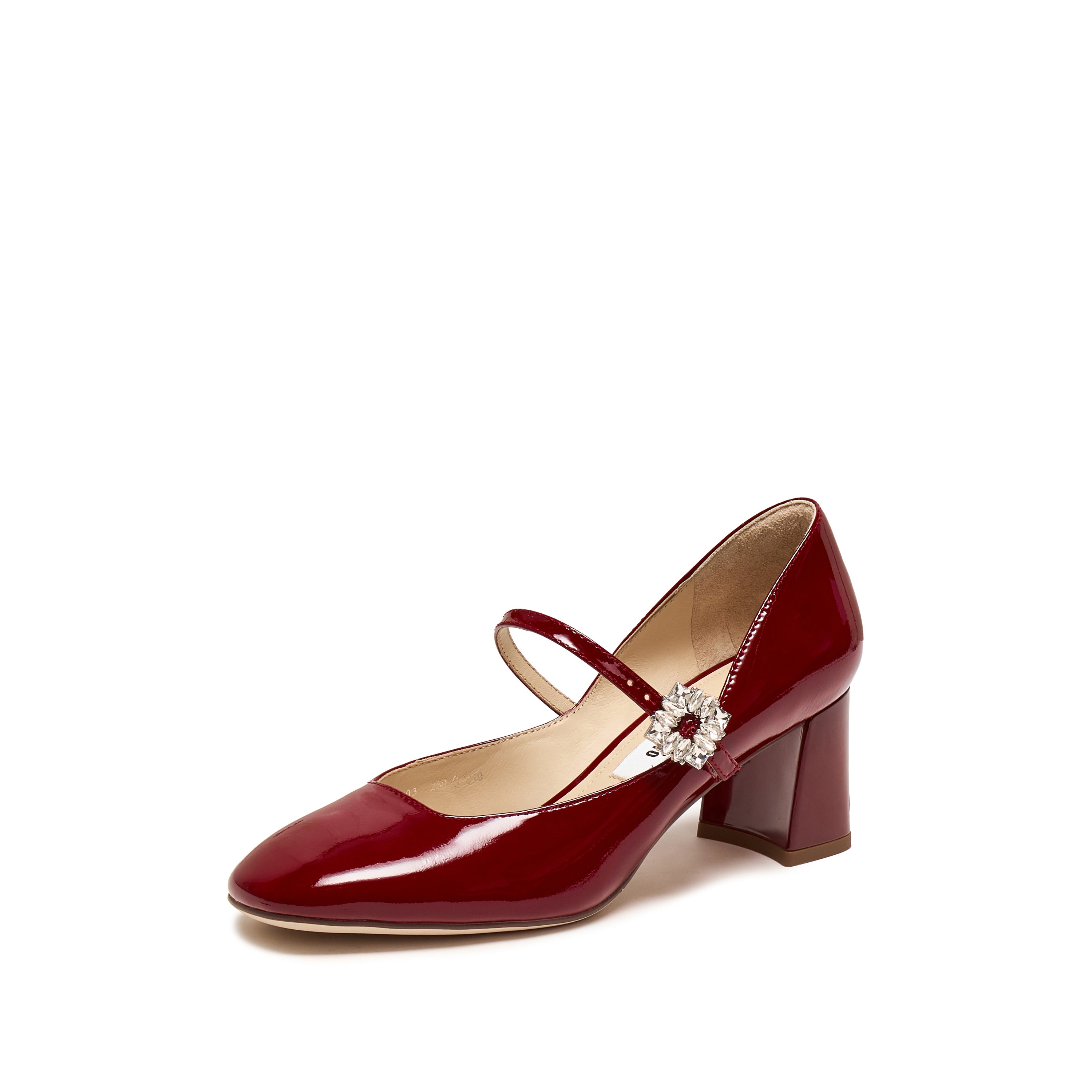 Red Patent Crystal Square Mary Jane Heeled Pumps