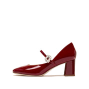 Red Patent Crystal Square Mary Jane Heeled Pumps