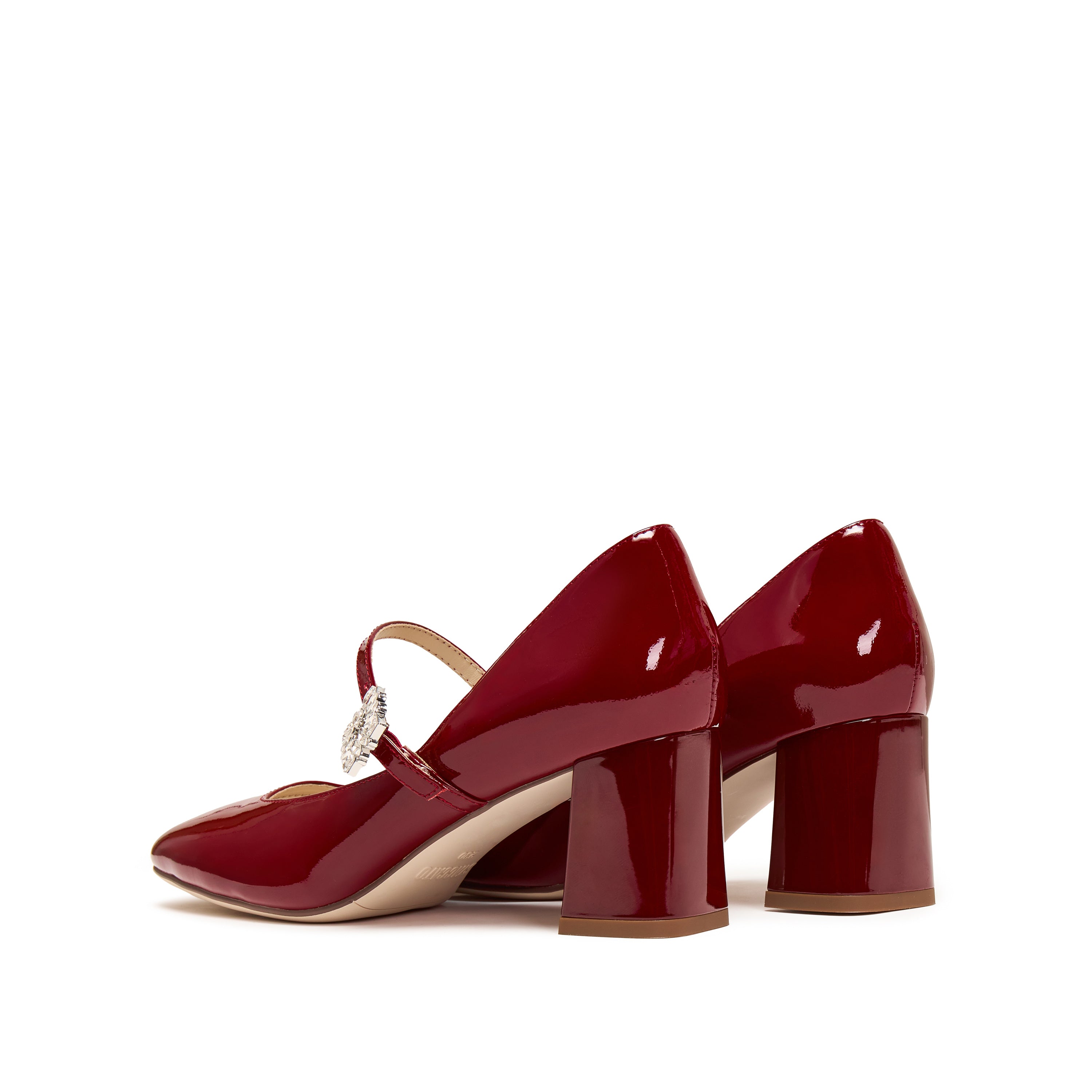 Red Patent Crystal Square Mary Jane Heeled Pumps