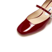 Red Patent Crystal Square Mary Jane Heeled Pumps