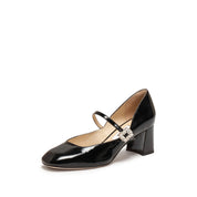 Black Patent Crystal Square Mary Jane Heeled Pumps