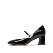 Black Patent Crystal Square Mary Jane Heeled Pumps