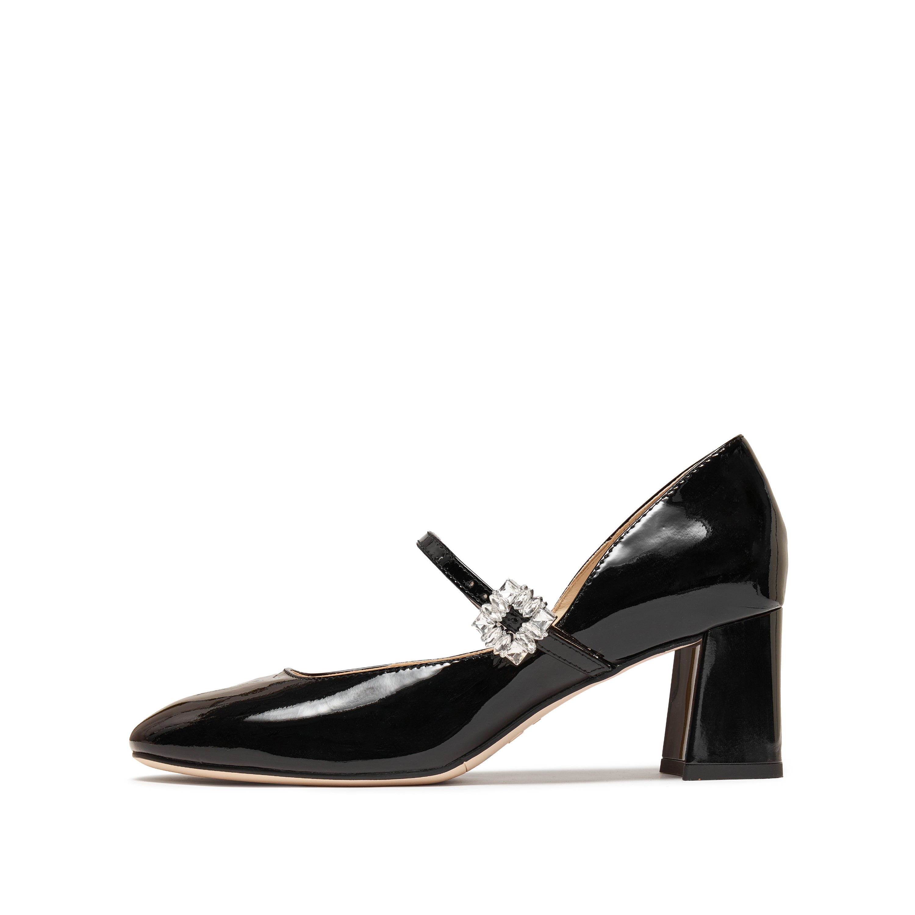 Black Patent Crystal Square Mary Jane Heeled Pumps