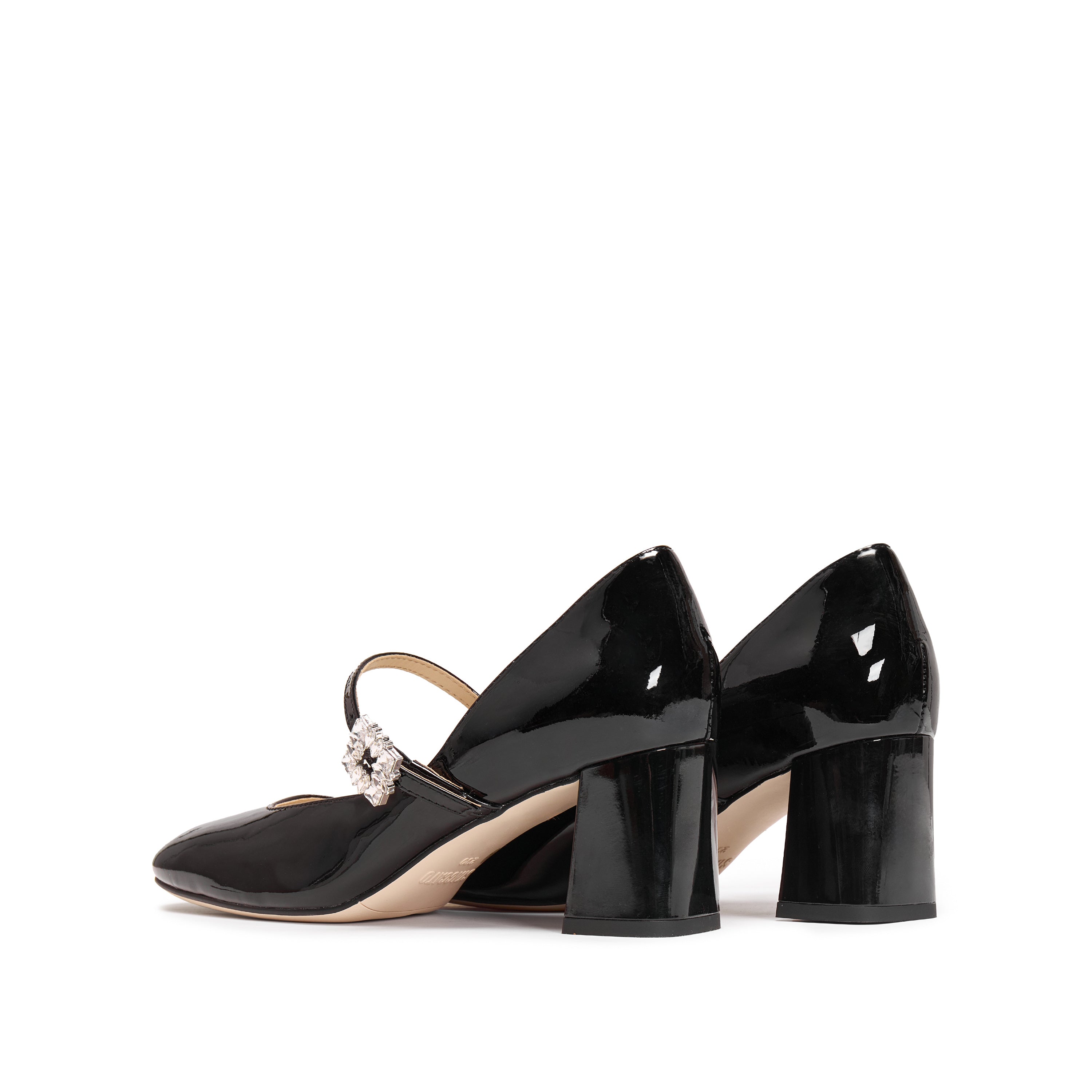 Black Patent Crystal Square Mary Jane Heeled Pumps