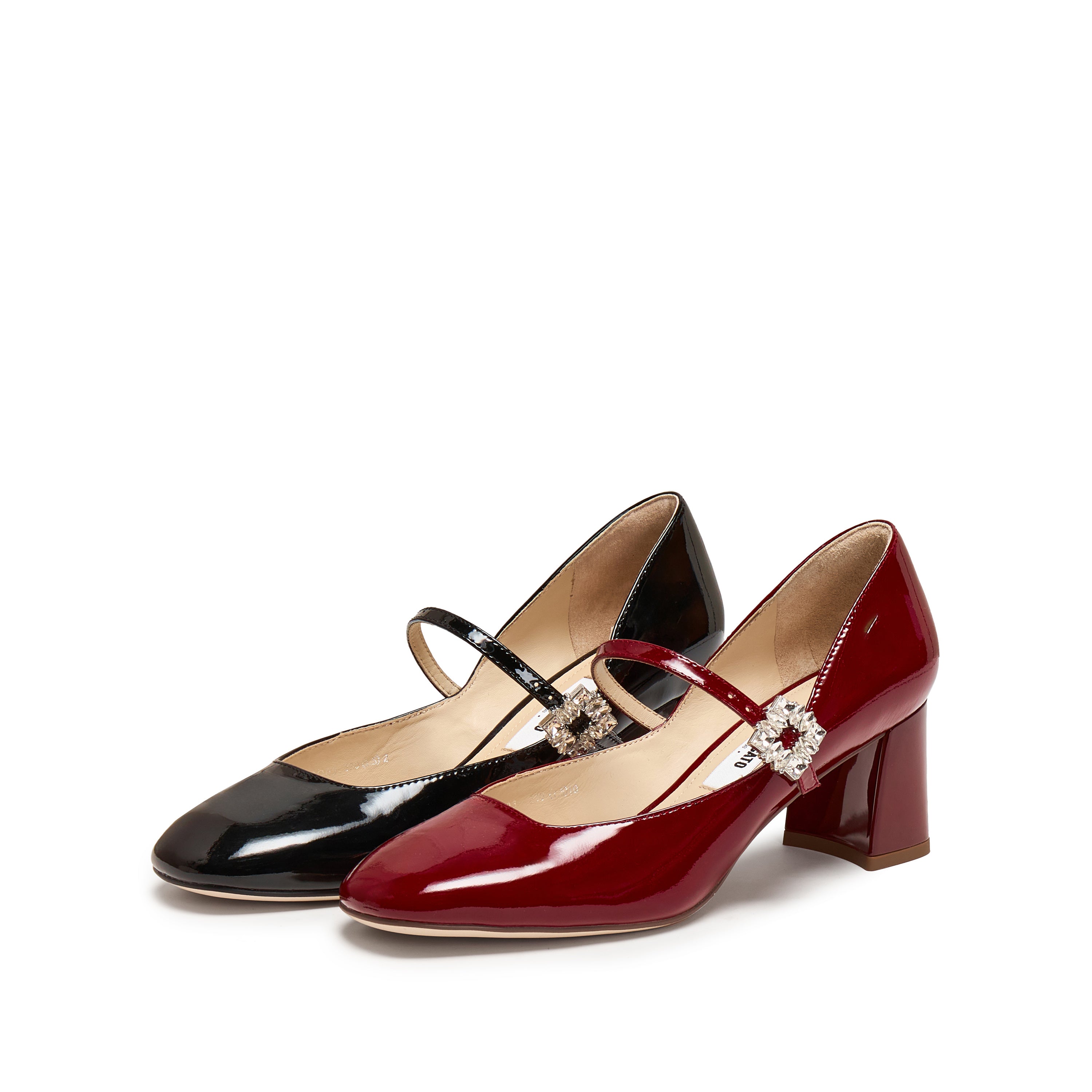 Black Patent Crystal Square Mary Jane Heeled Pumps