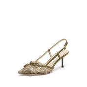Olive Lace Bow Heeled Slingback Pumps
