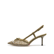 Olive Lace Bow Heeled Slingback Pumps