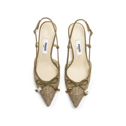 Olive Lace Bow Heeled Slingback Pumps