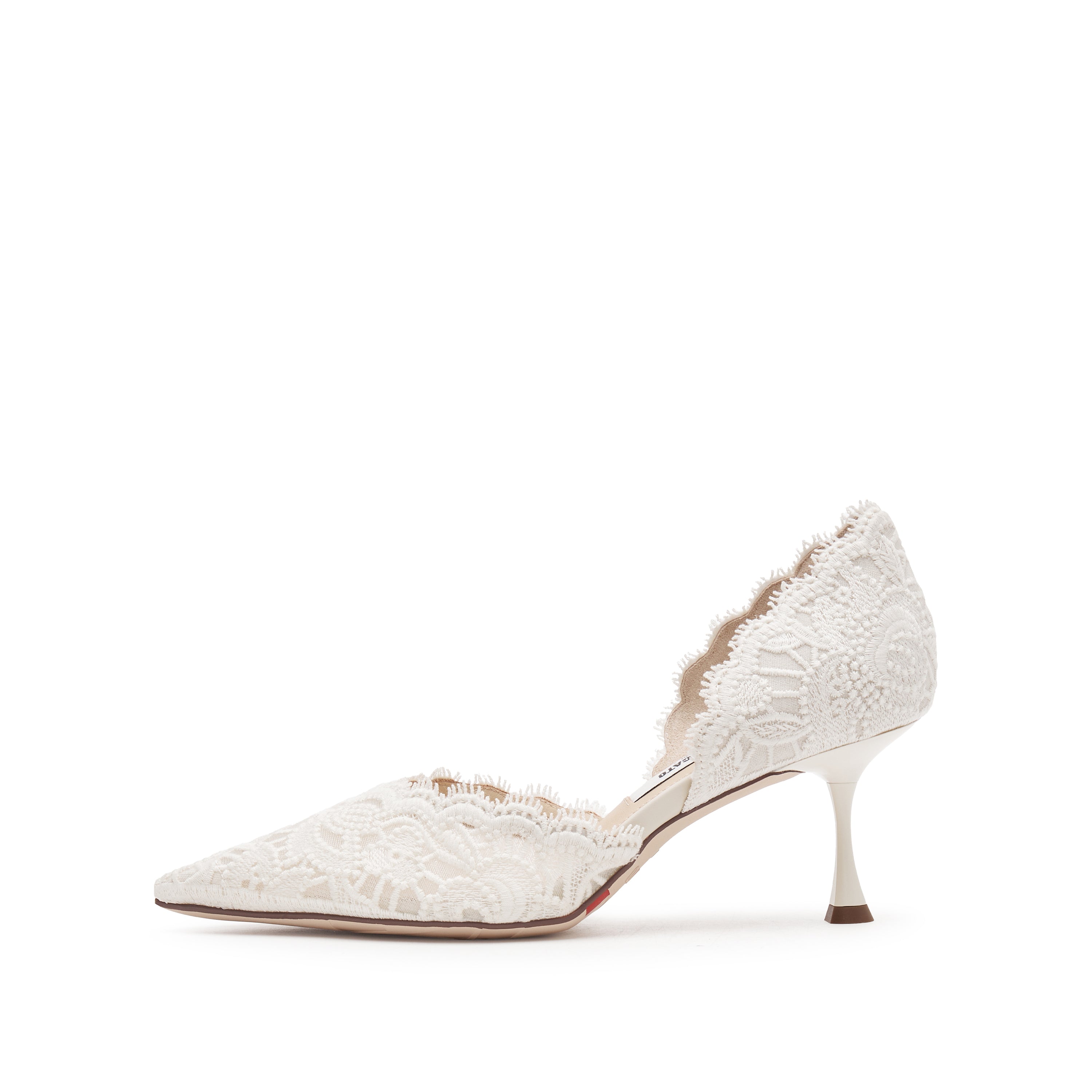 Beige Lace Pointed Heeled Pumps