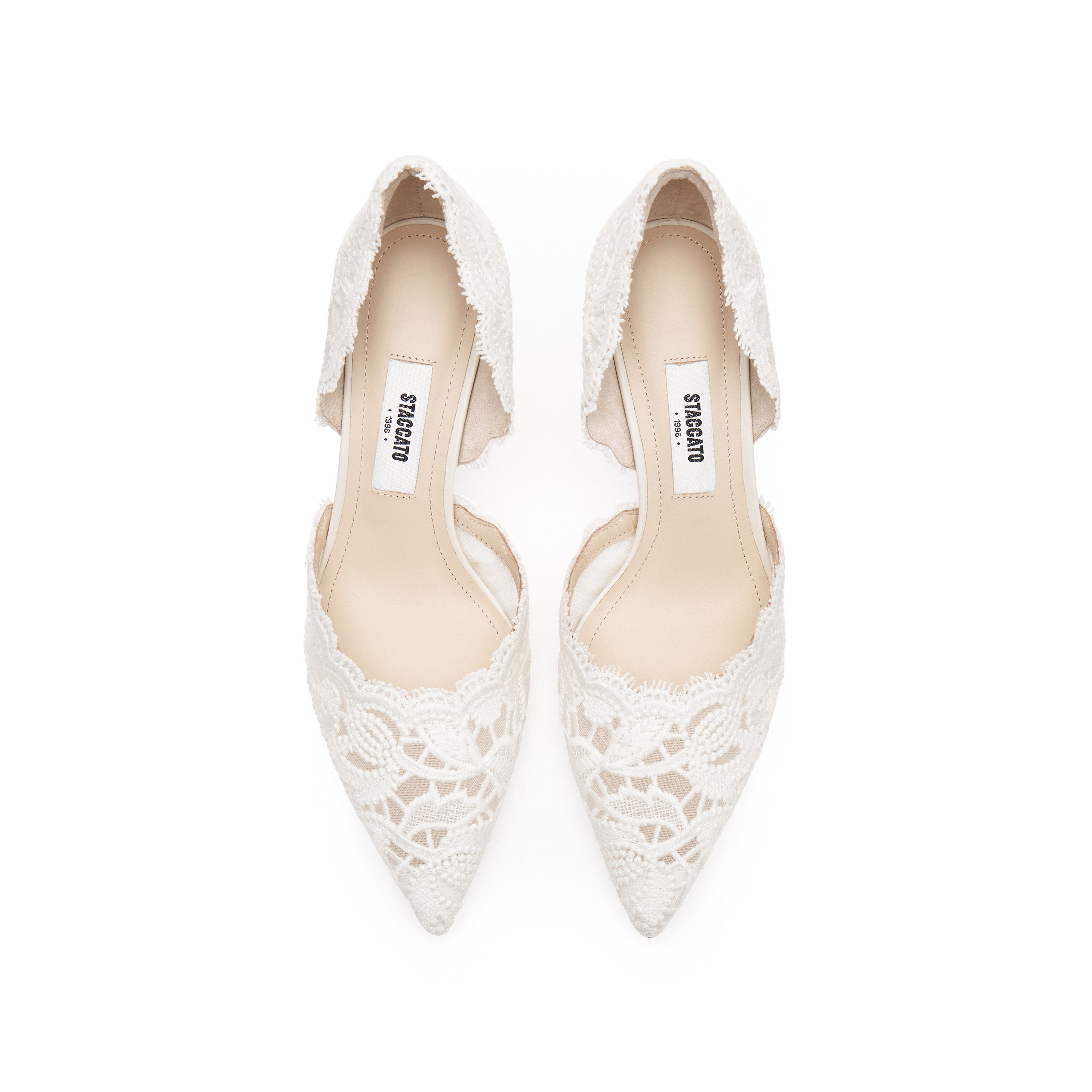 Beige Lace Pointed Heeled Pumps