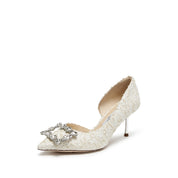 Ivory Tweed Crystal Buckle Heeled D'Orsay Pumps