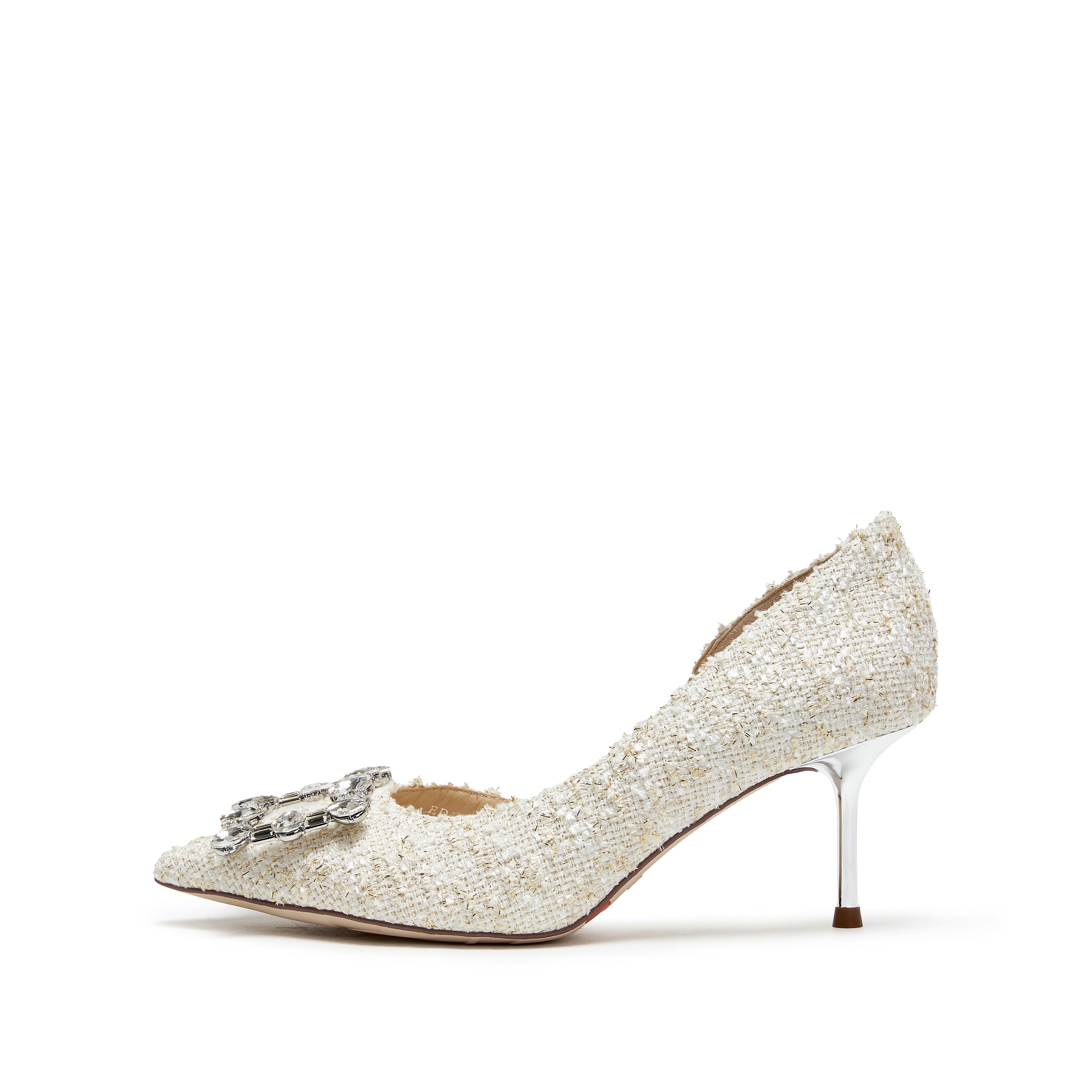 Ivory Tweed Crystal Buckle Heeled D'Orsay Pumps