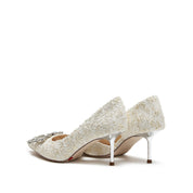 Ivory Tweed Crystal Buckle Heeled D'Orsay Pumps