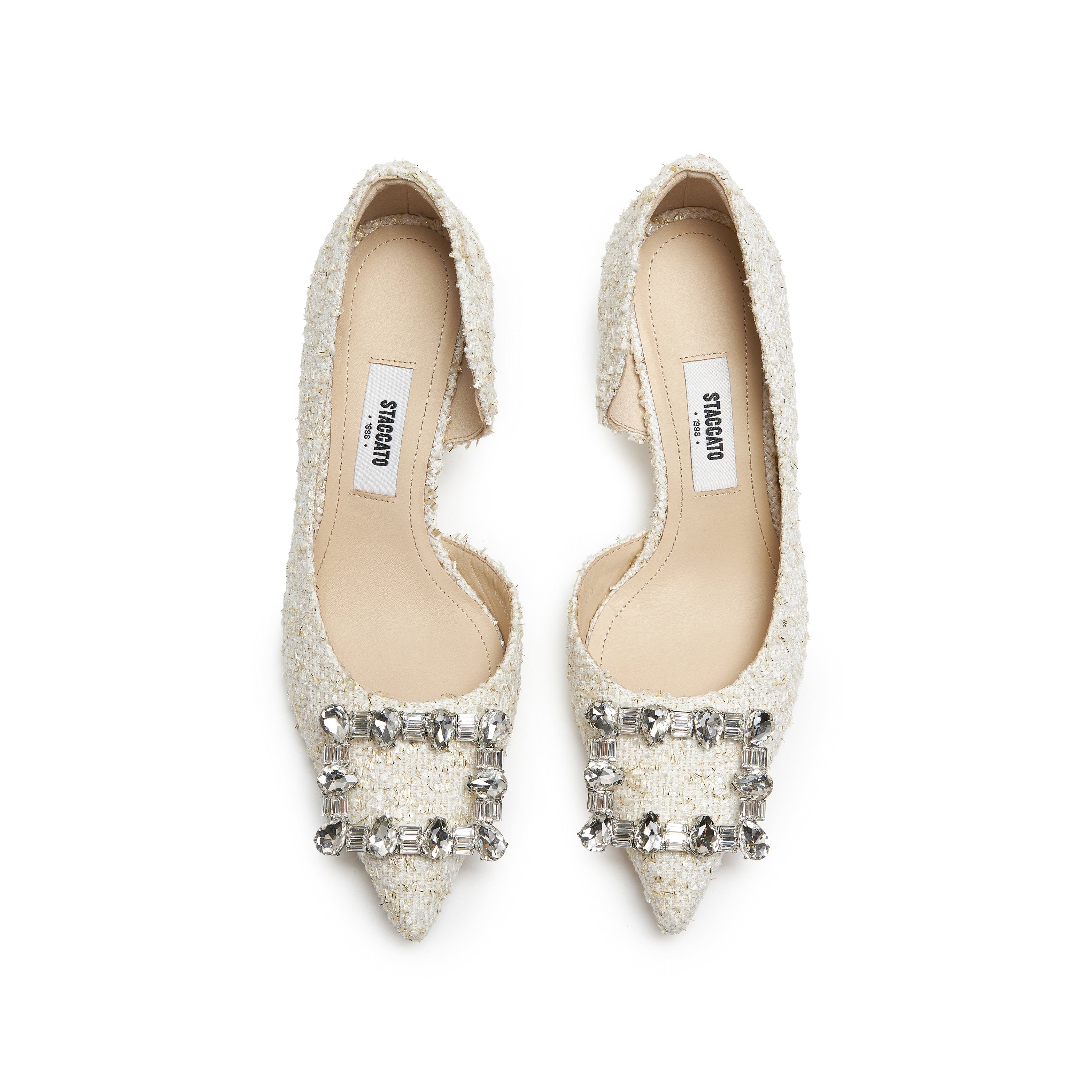 Ivory Tweed Crystal Buckle Heeled D'Orsay Pumps