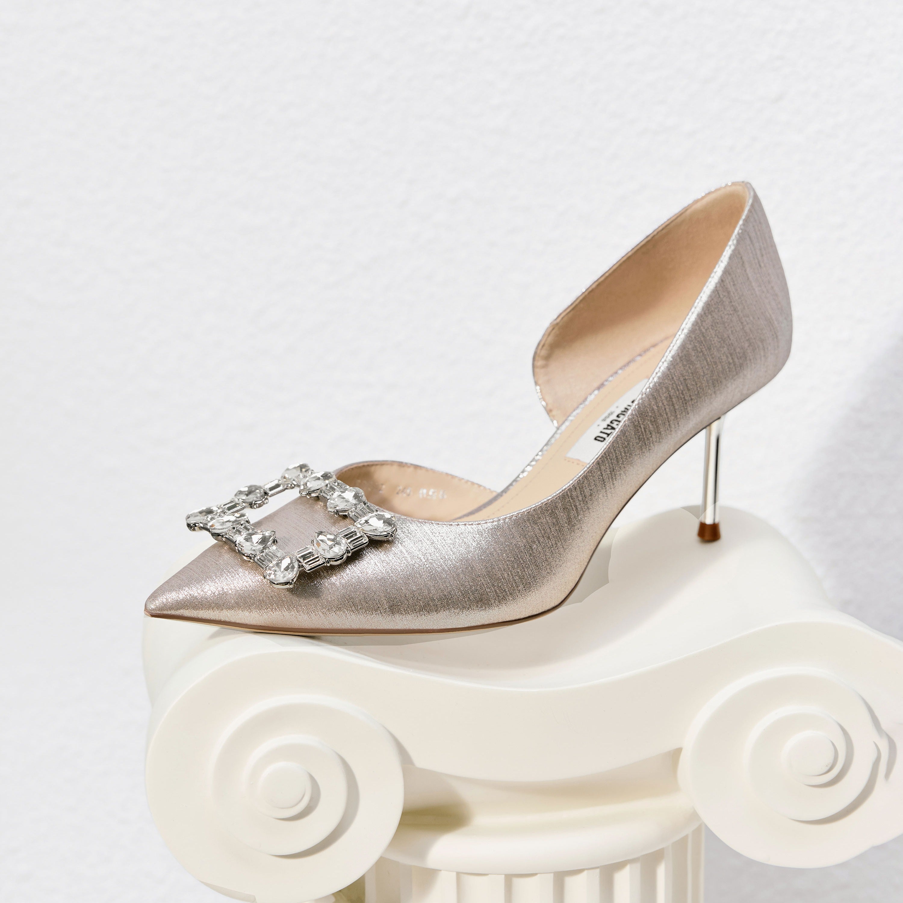 Ivory Tweed Crystal Buckle Heeled D'Orsay Pumps