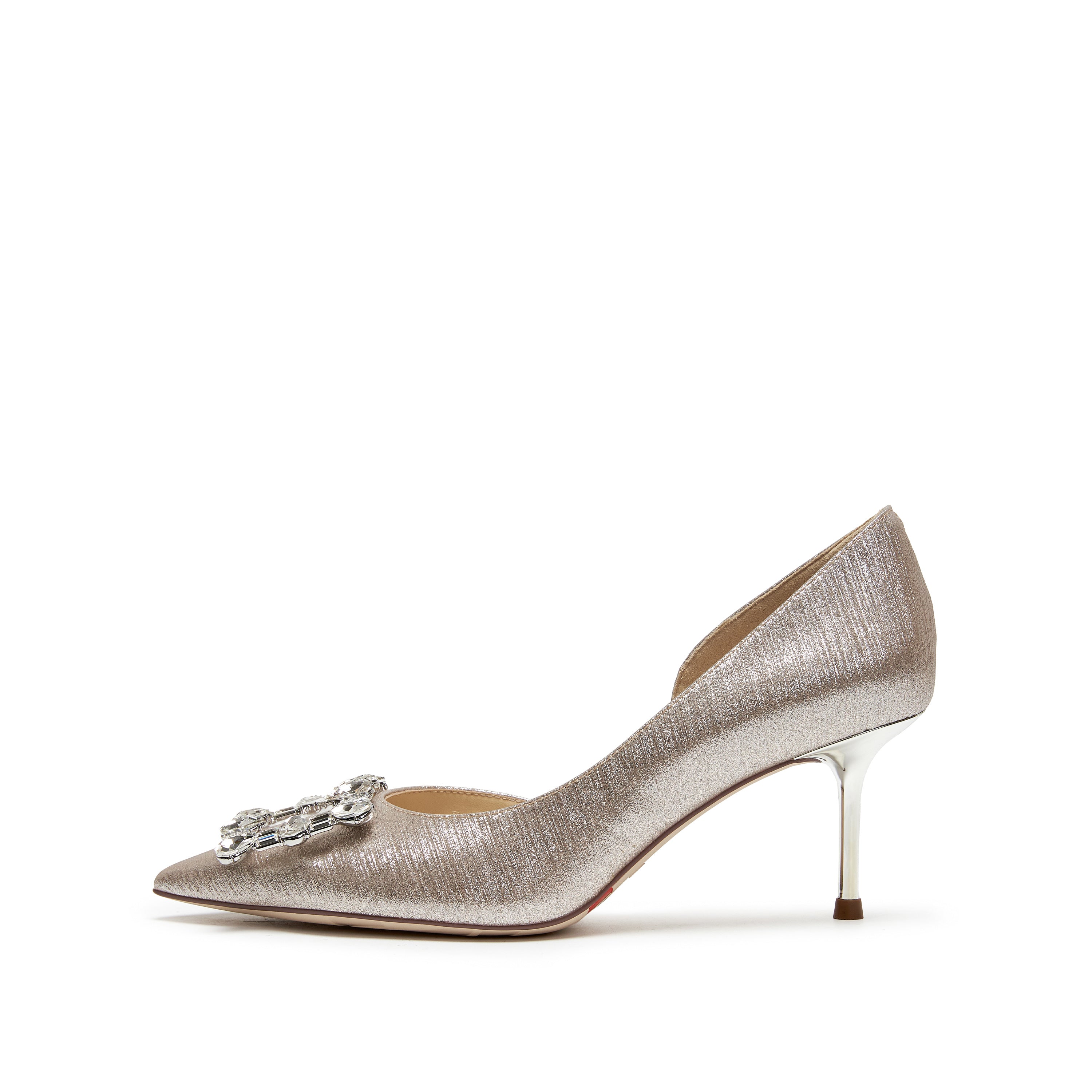 Golden Crystal Buckle Heeled D'Orsay Pumps