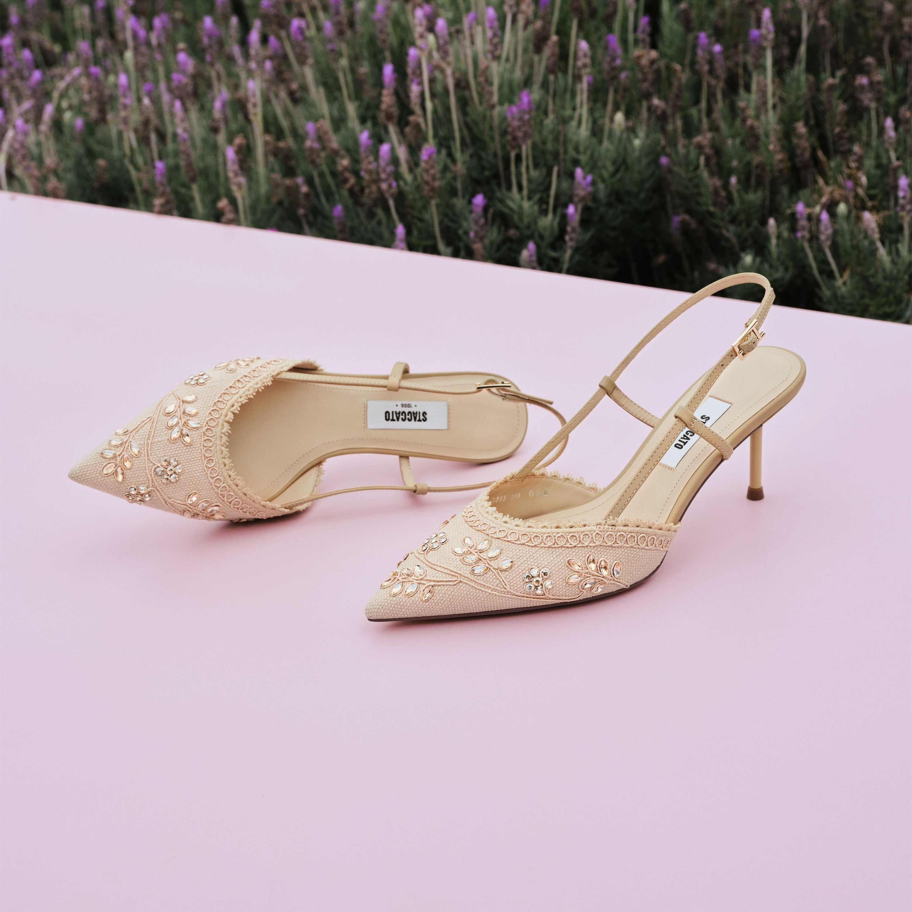 Taupe Crystal Floral Slingback Pumps