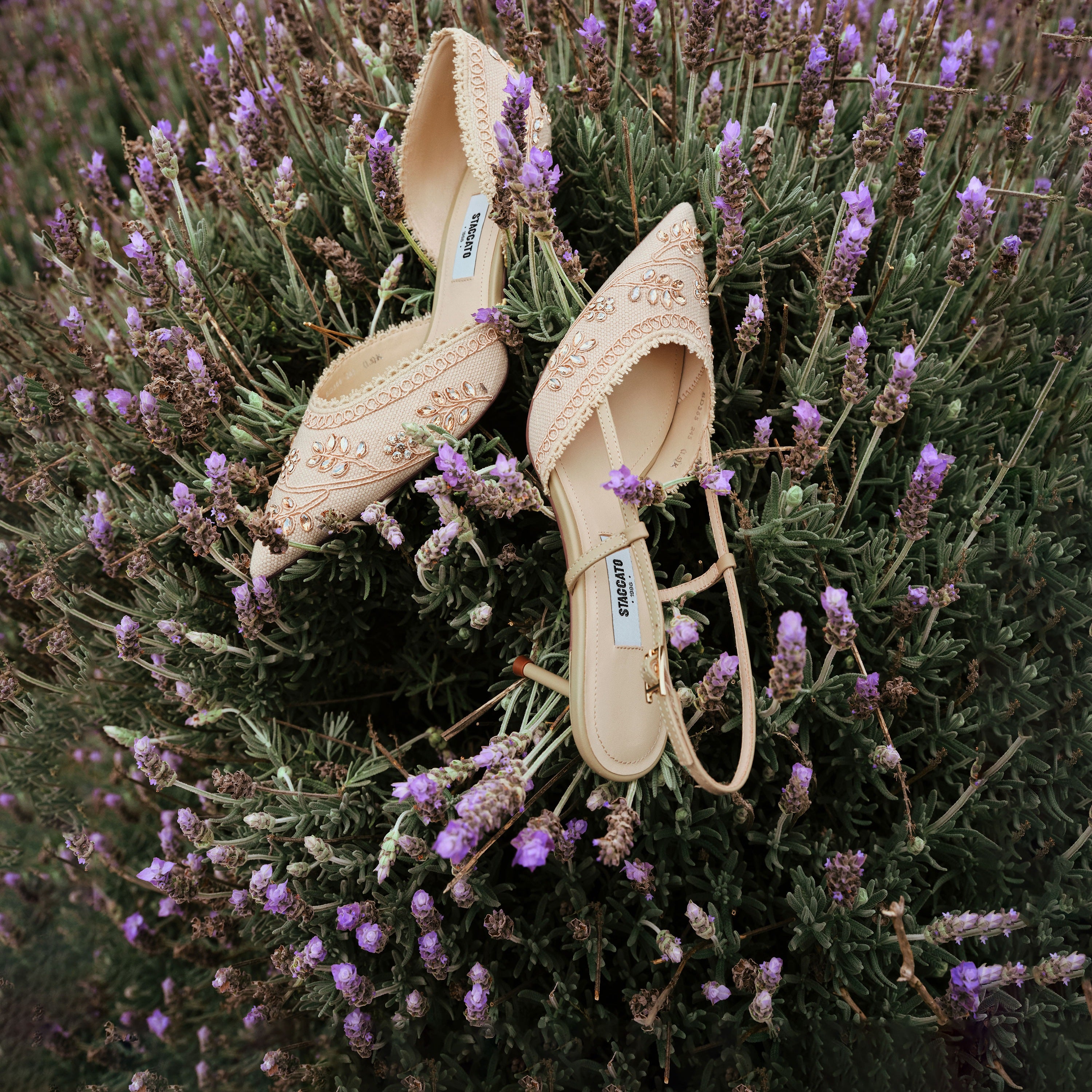 Taupe Crystal Floral Slingback Pumps