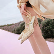Taupe Crystal Floral Slingback Pumps