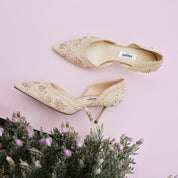 Taupe Crystal Floral Pointed Heeled Pumps