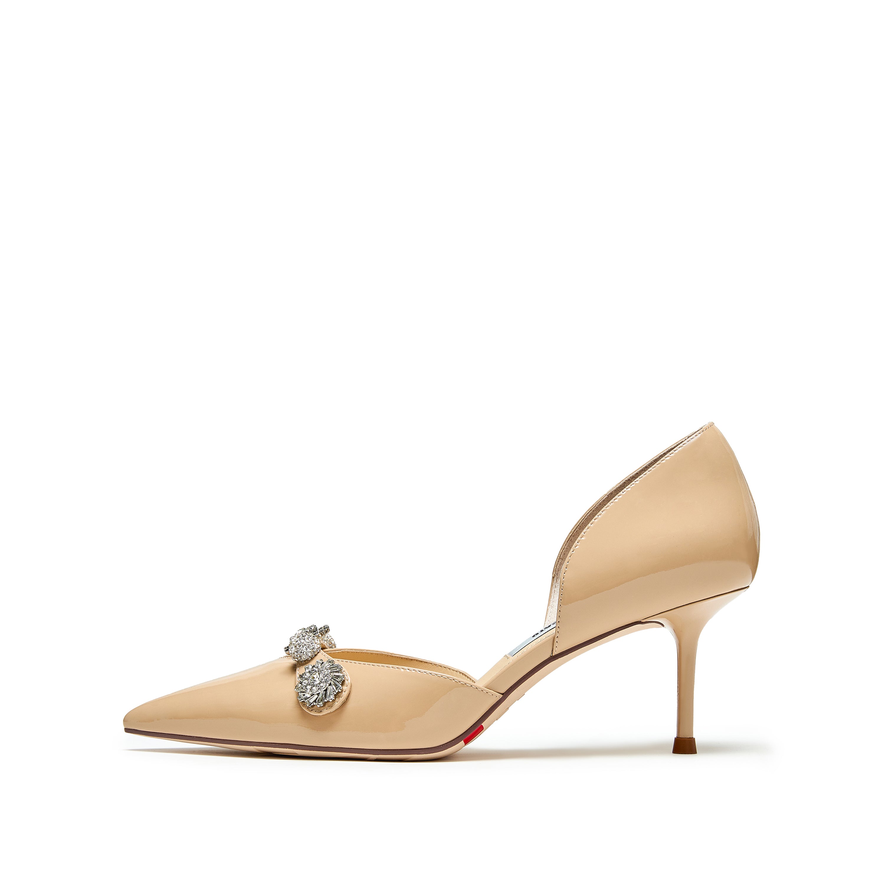 Beige Crystal Buckle Heels