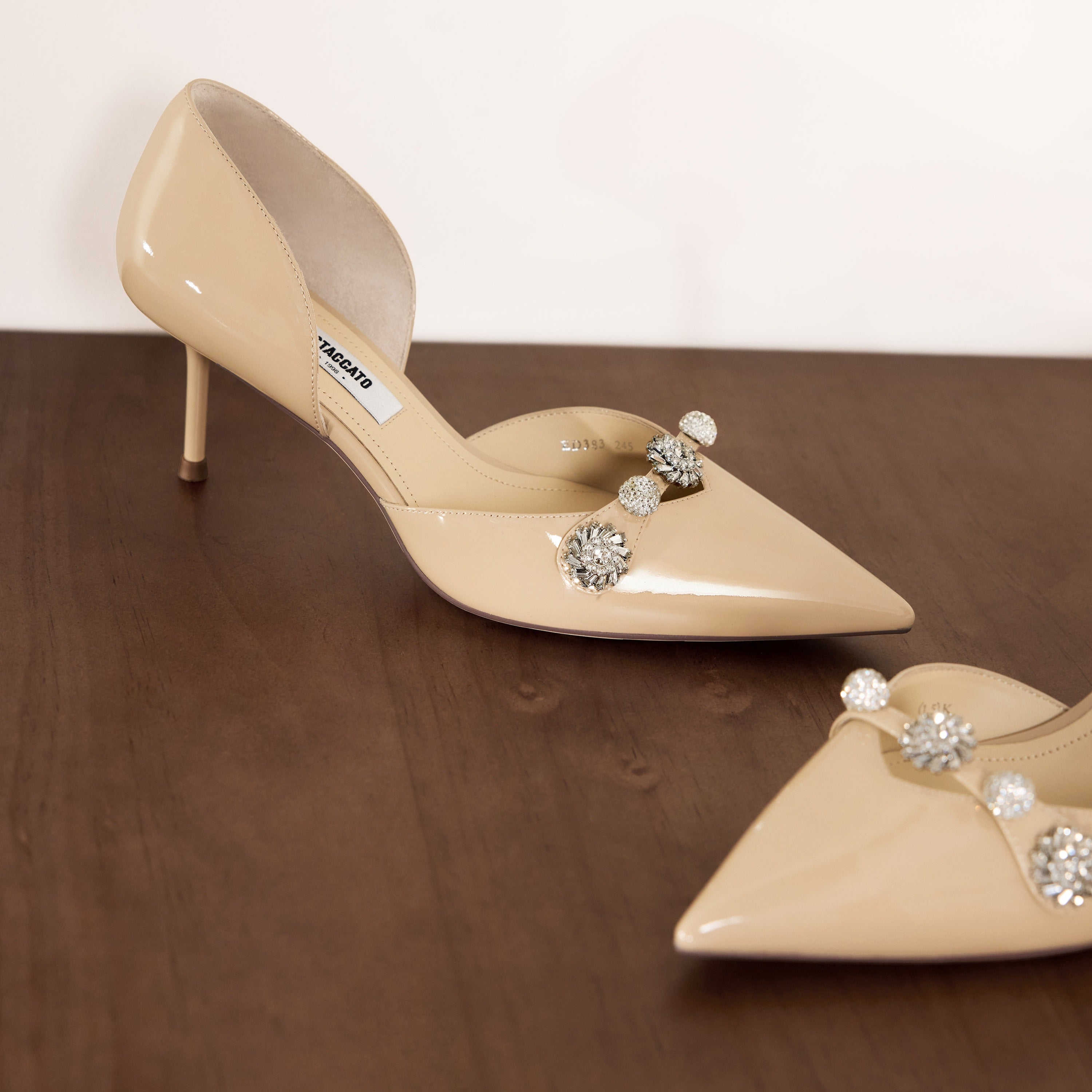 Beige Crystal Buckle Heels