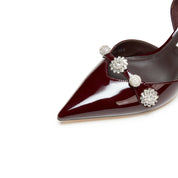 Wine Red Crystal Buckle Heels