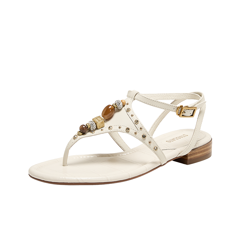 Sparkle Beige Leather Ankle Strap Flip-flops Slippers