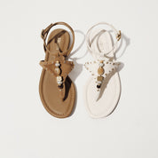 Sparkle Beige Leather Ankle Strap Flip-flops Slippers