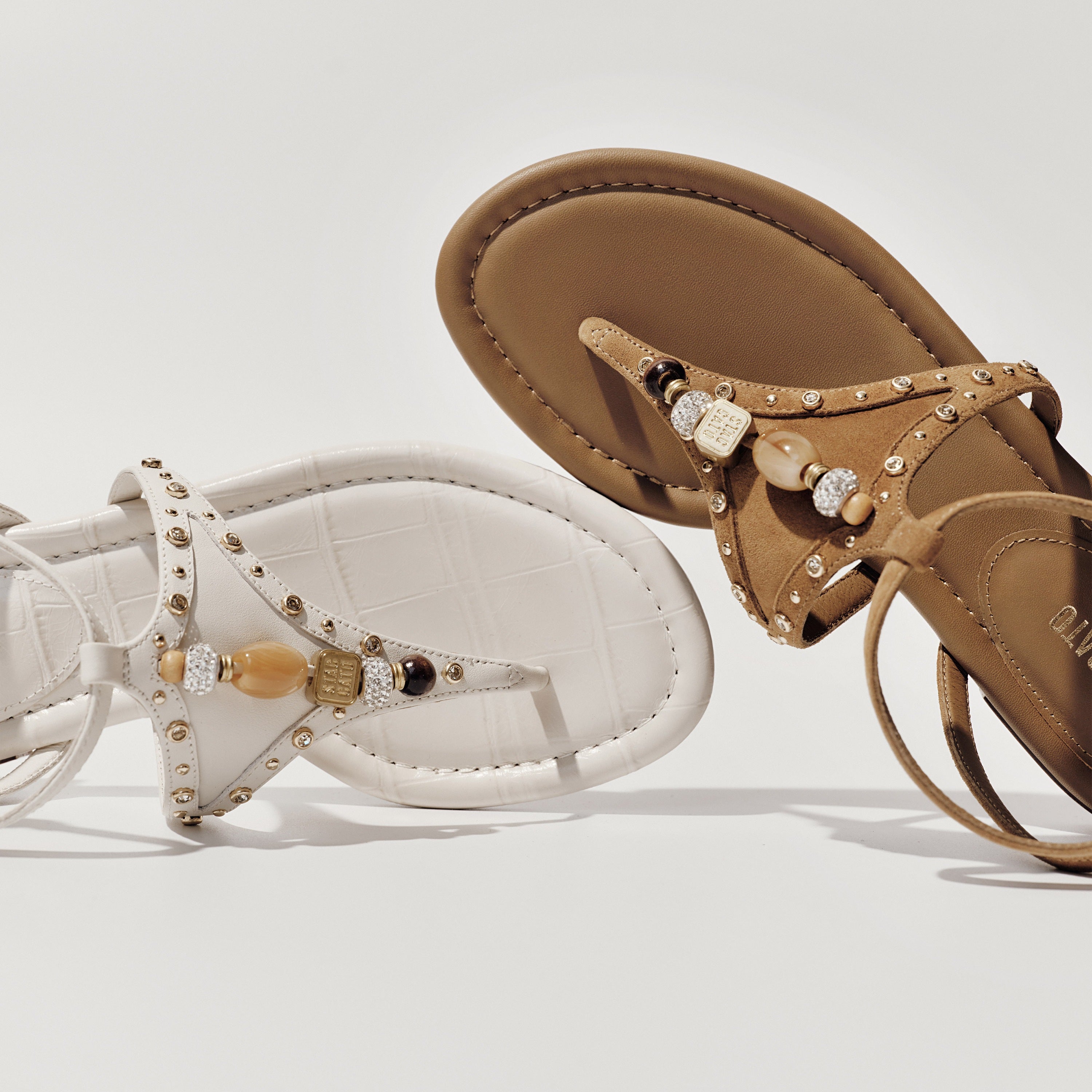 Sparkle Beige Leather Ankle Strap Flip-flops Slippers