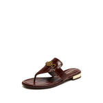 Load image into Gallery viewer, Brown ST Buckle Thong Leather Slides
