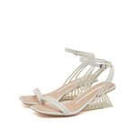 Load image into Gallery viewer, Beige Strappy Transprant Slope Heel Sandals
