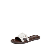 Beige Crystal Buckle Leather Slides