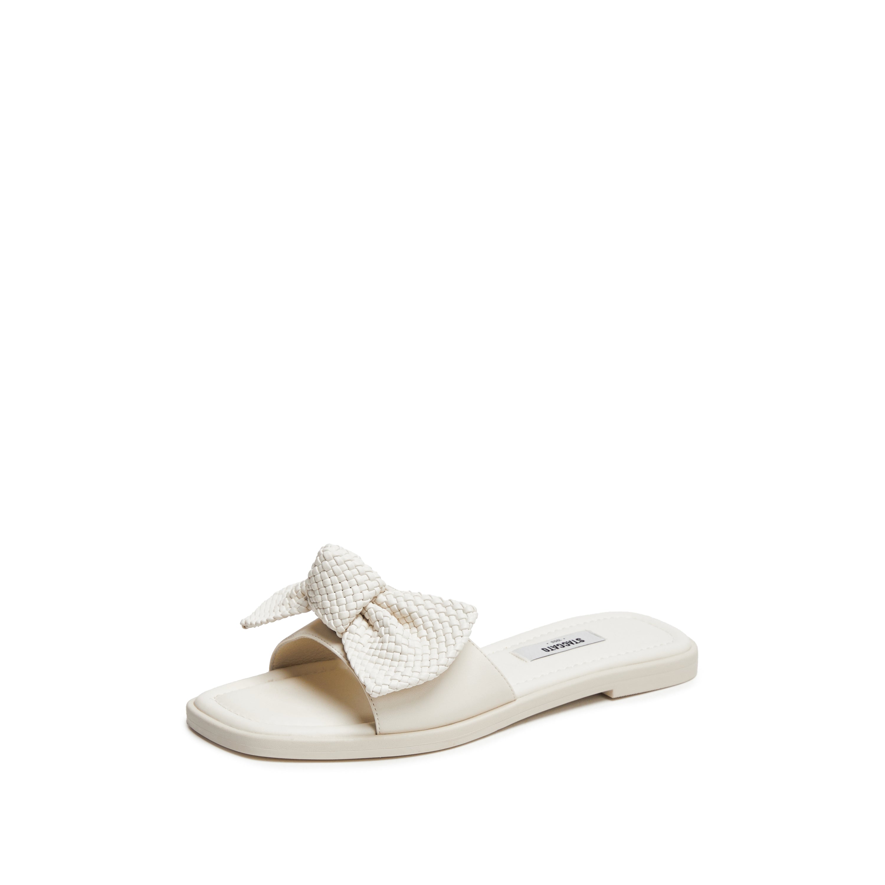 Beige Woven-Bow Leather Slides