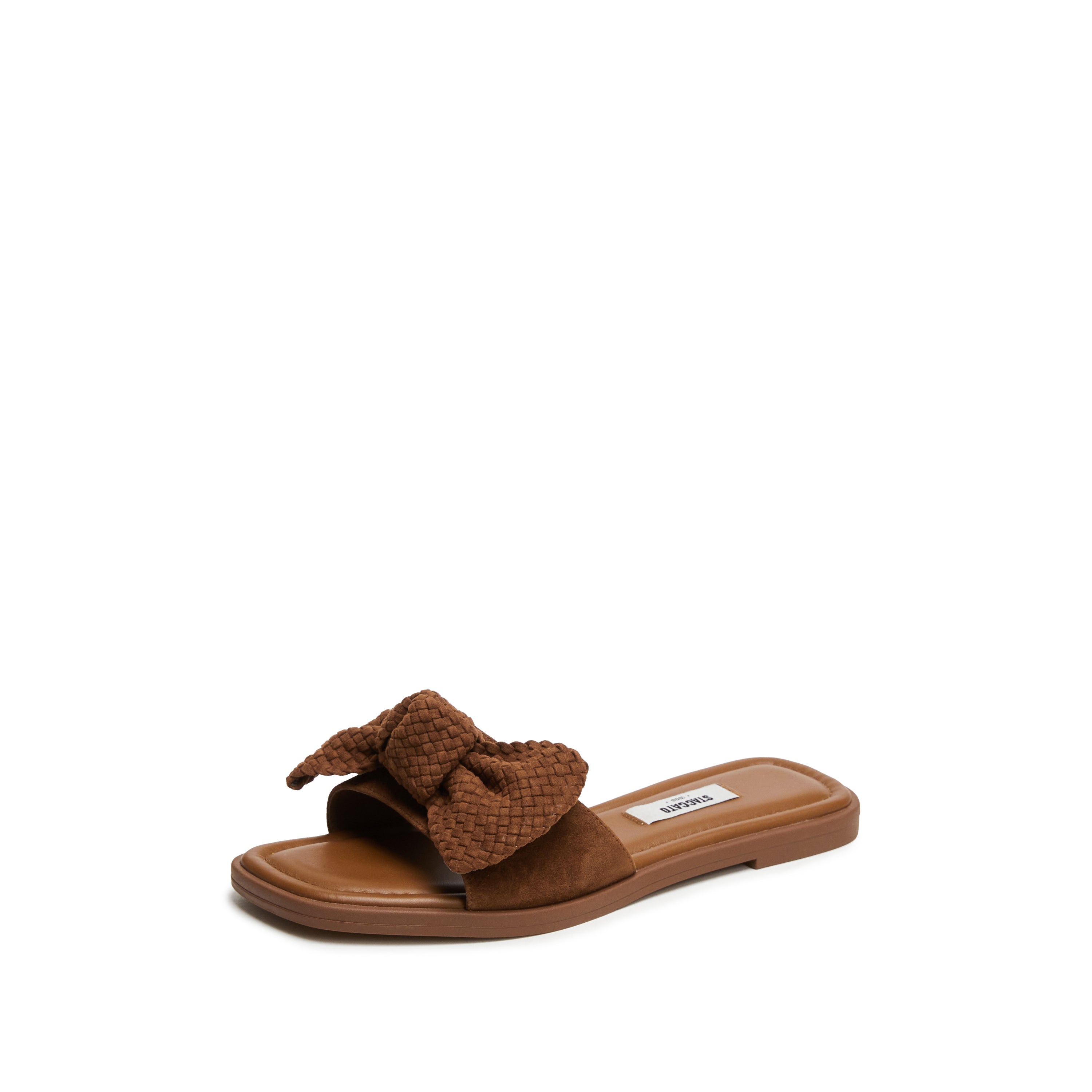 Brown Woven-Bow Suede Slides