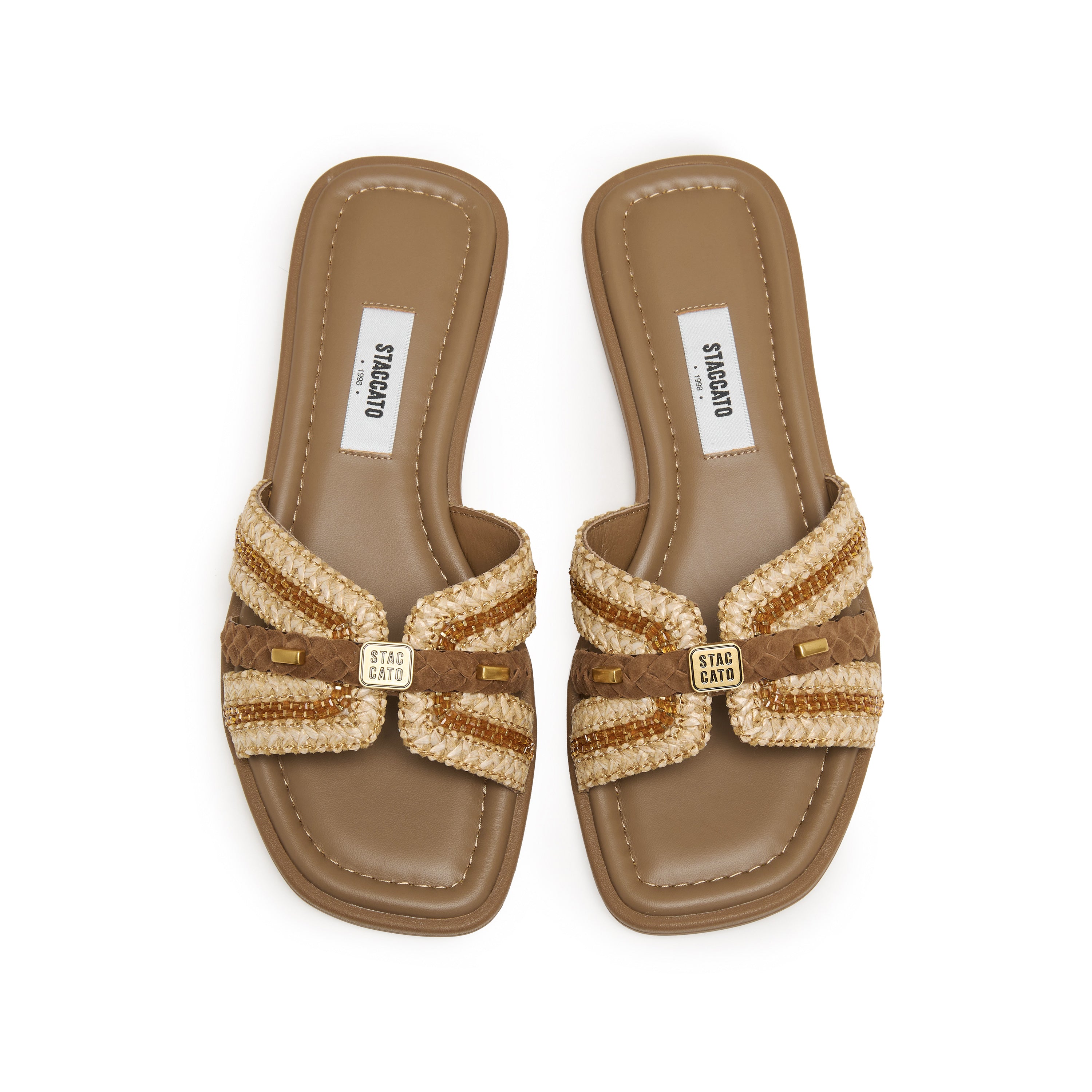 Taupe ST Straw Cube-Embellished Strap Slides