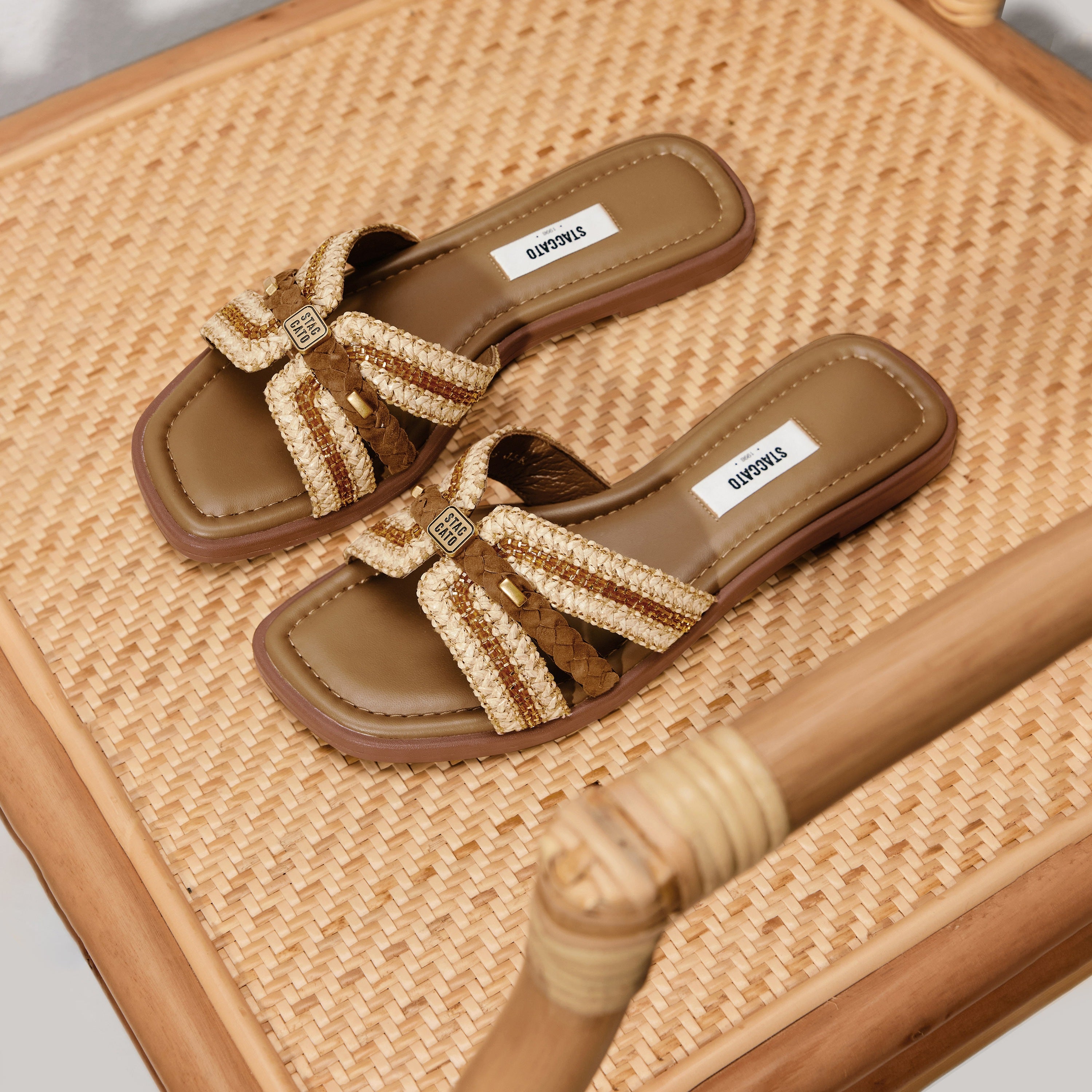 Brown ST Waxy Cube-Embellished Strap Slides