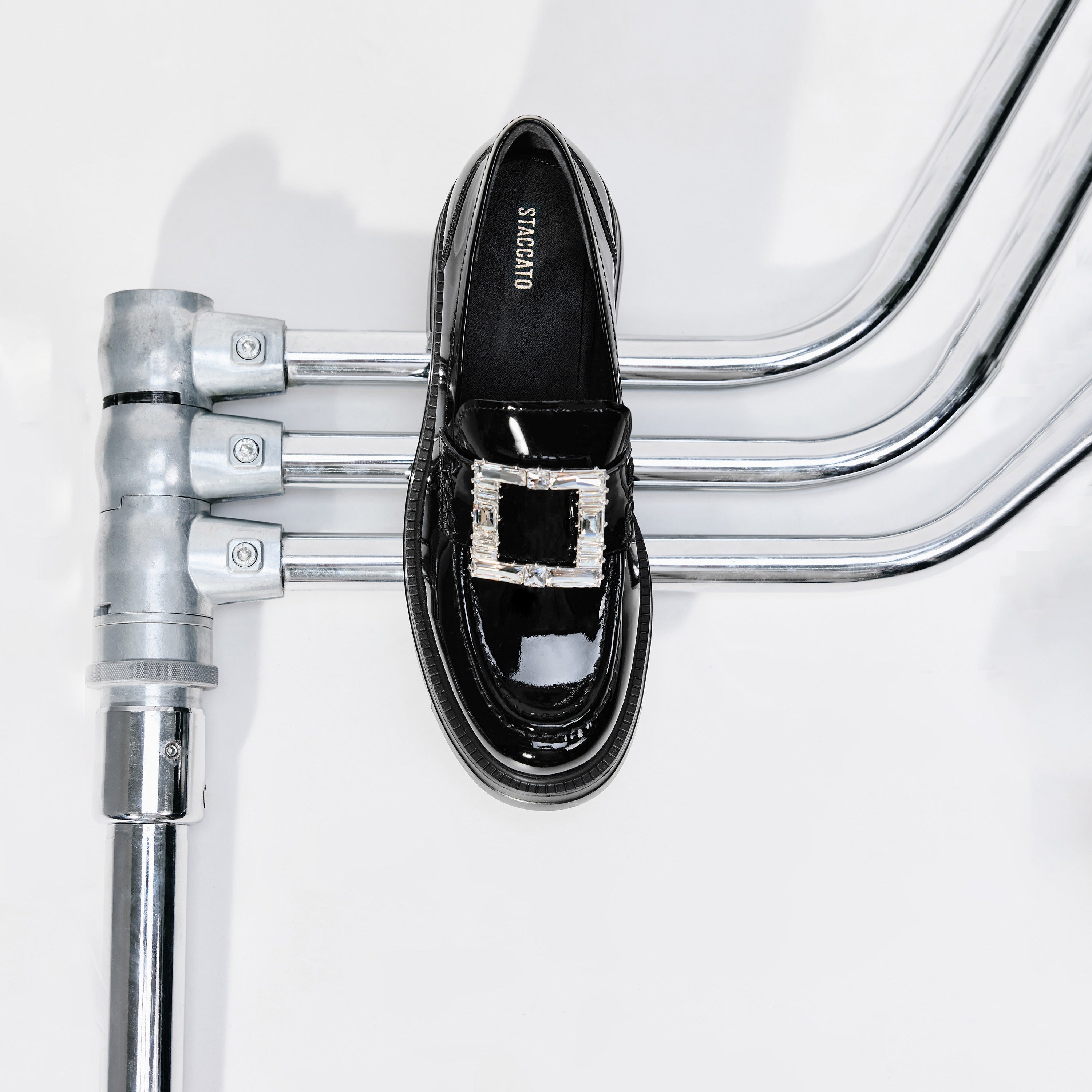 Black Crystal Square Buckle Flatform Loafers
