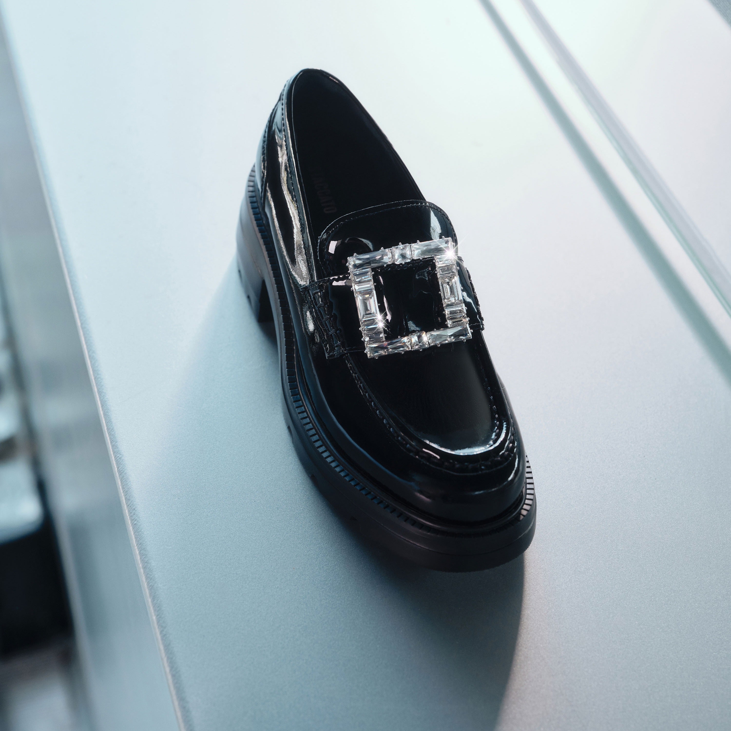 Black Crystal Square Buckle Flatform Loafers