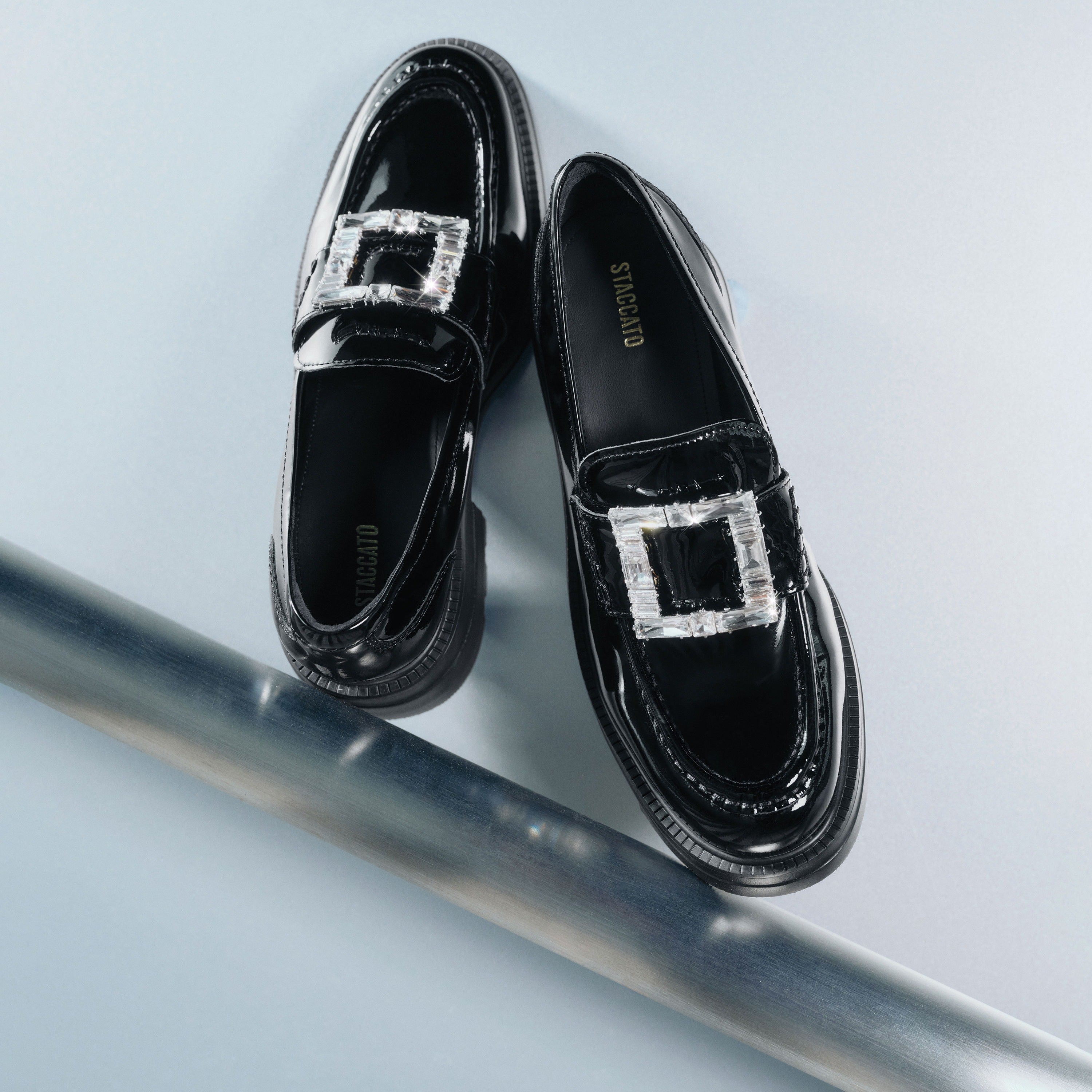Black Crystal Square Buckle Flatform Loafers