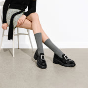 Black Crystal Square Buckle Flatform Loafers